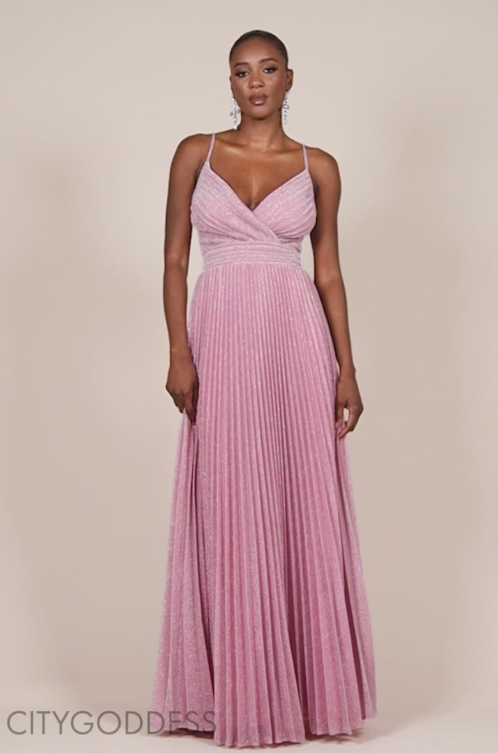 Sleeveless Pleated A Line Lurex Maxi Dress DR4494