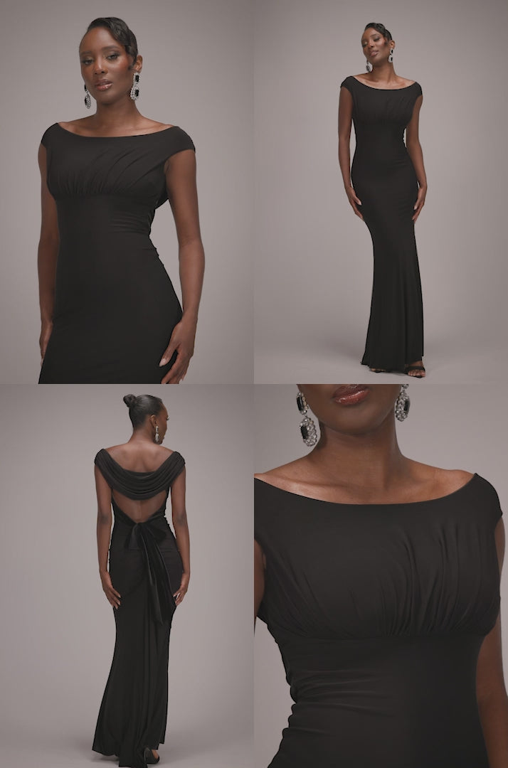 Open Back Cowl Neck Gathered Maxi Dress With Velvet Tie Back DR4856