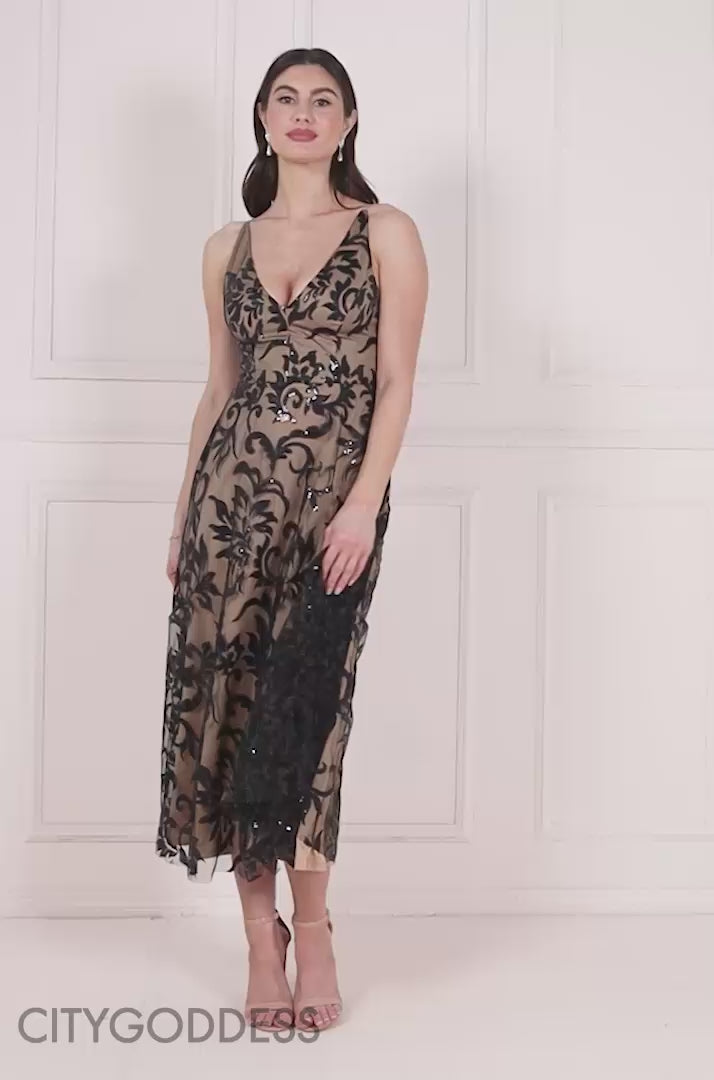 Sequin Mesh V Neck Flared Skirt Midi Dress DR3860
