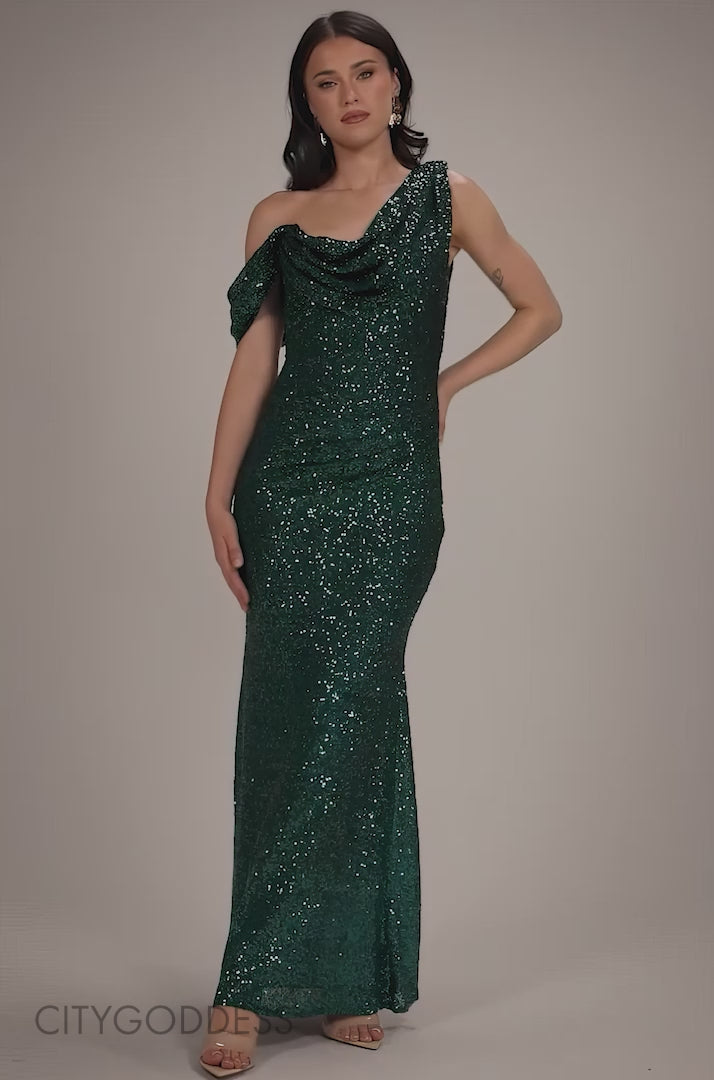 Sequin Cowl One Shoulder Maxi Dress DR4020