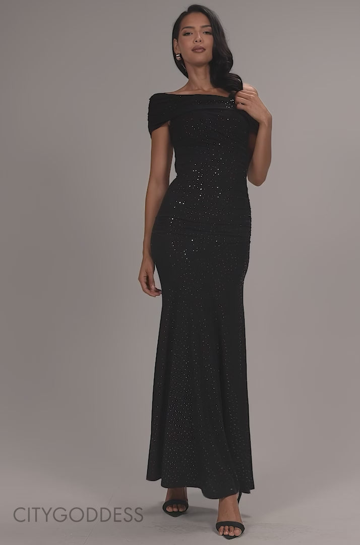 ONE SHOULDER FIT AND FLARE SEQUIN MAXI DRESS - BLACK RED BY GODDIVA DR5324