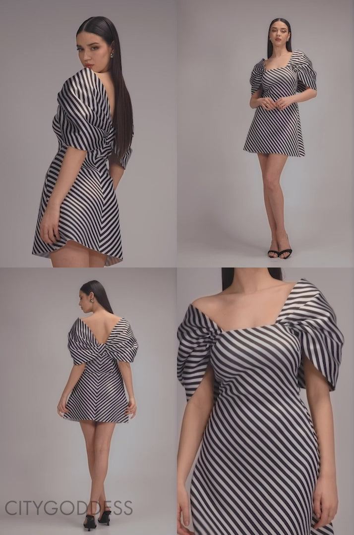 Stripe Off Shoulder Bow Back Satin Bow Mini Dress DR5053