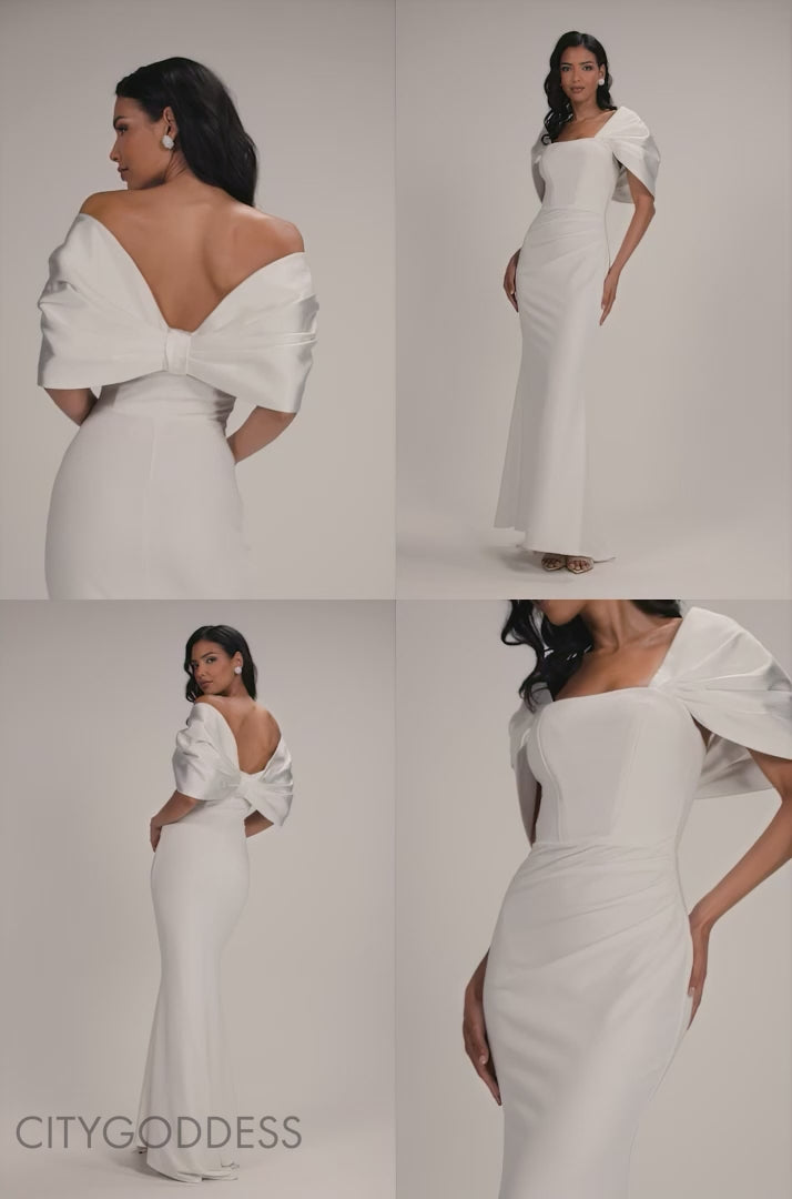Off Shoulder Back Satin Bow Scuba Maxi Dress DR4708