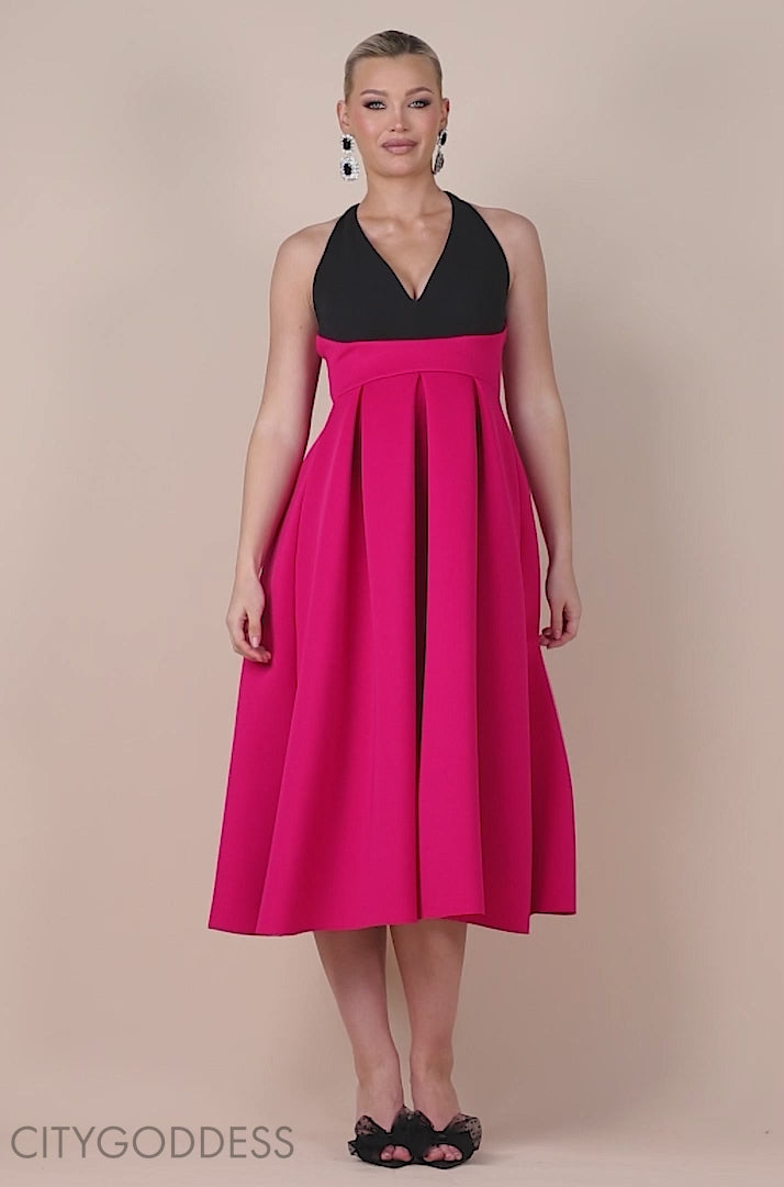 Contrast  Halter Neck Pleated A-Line Midaxi Dress DR4630