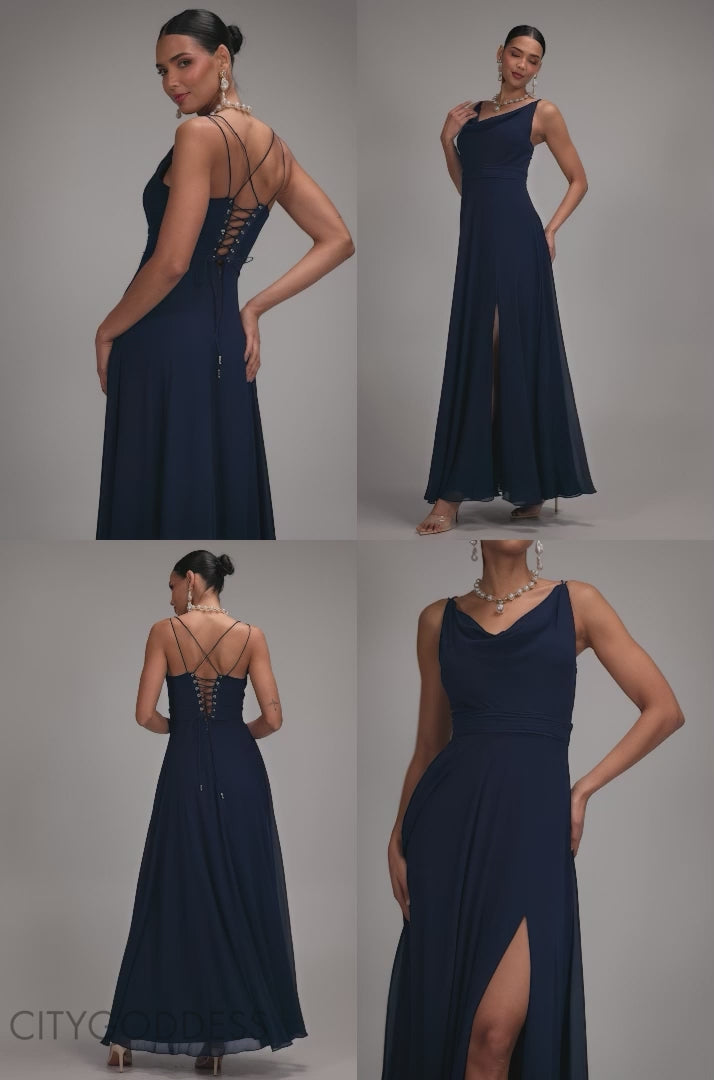CHIFFON COWL TWISTED ROPE STRAP LACE-UP FLARED MAXI DRESS DR4937