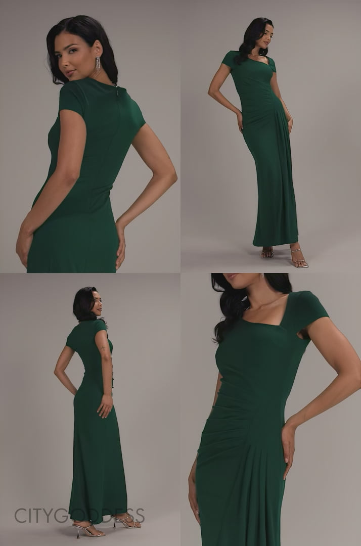 CAP SLEEVE PLEATED ASYMMETRIC MAXI DRESS DR5115
