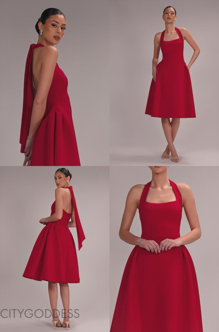 CORSET FIT AND FLARE HALTER NECK MIDI DRESS DR5134