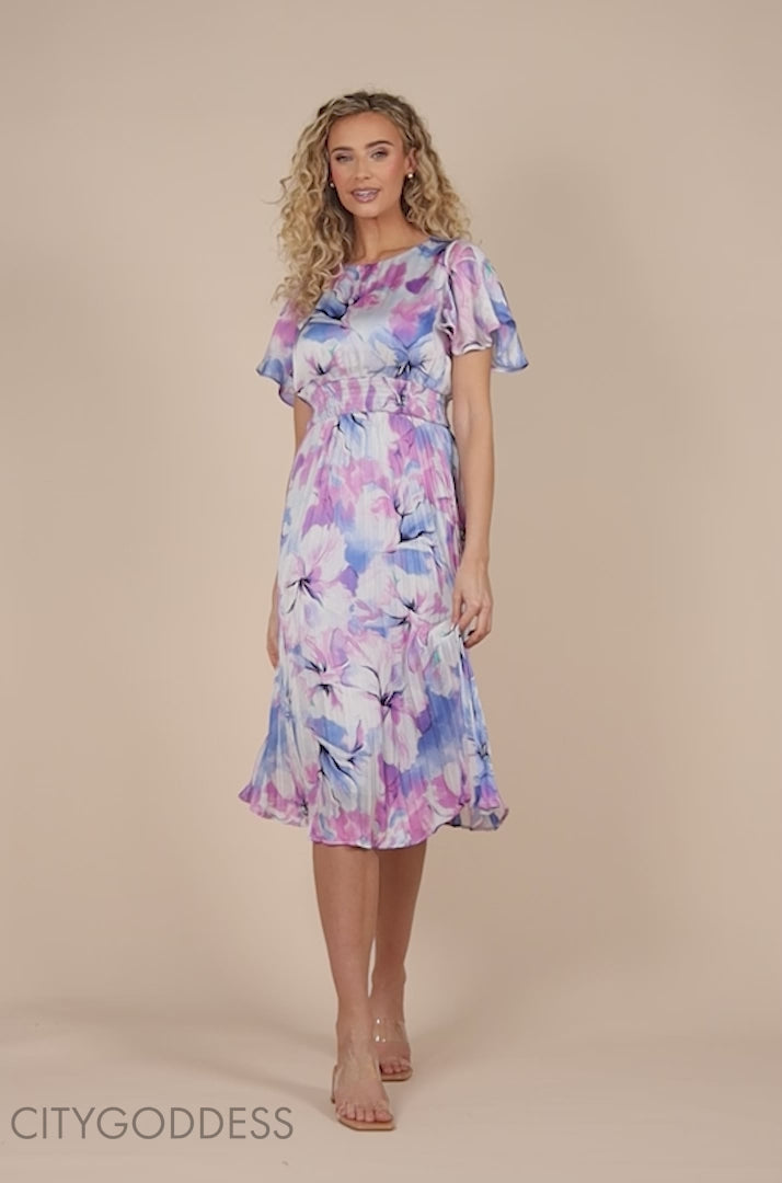 Flutter Sleeve Pleated Skirt Floral Midi Dress DR4565