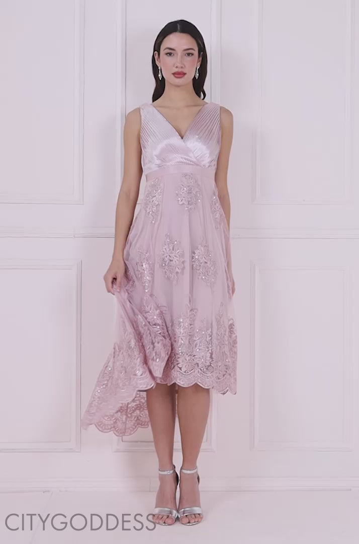 Pleated Satin V Neck High And Low Midi Dress DR3813QZ