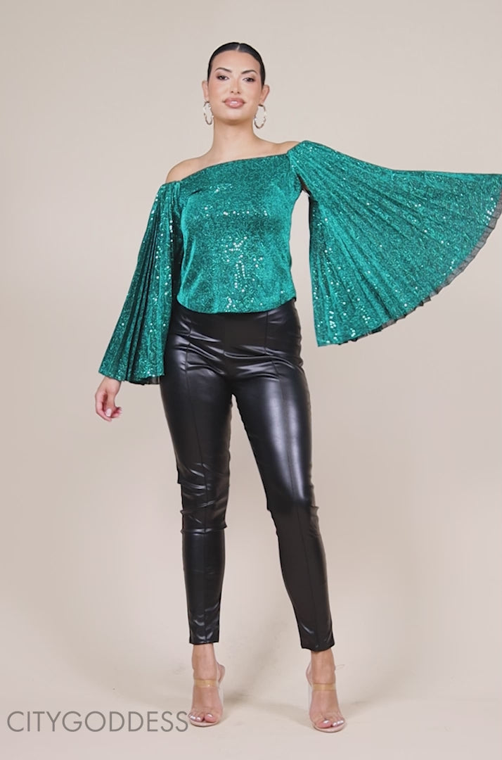 Patterned Sequin Lurex Off Shoulder Pleated Flare Sleeve Top T205