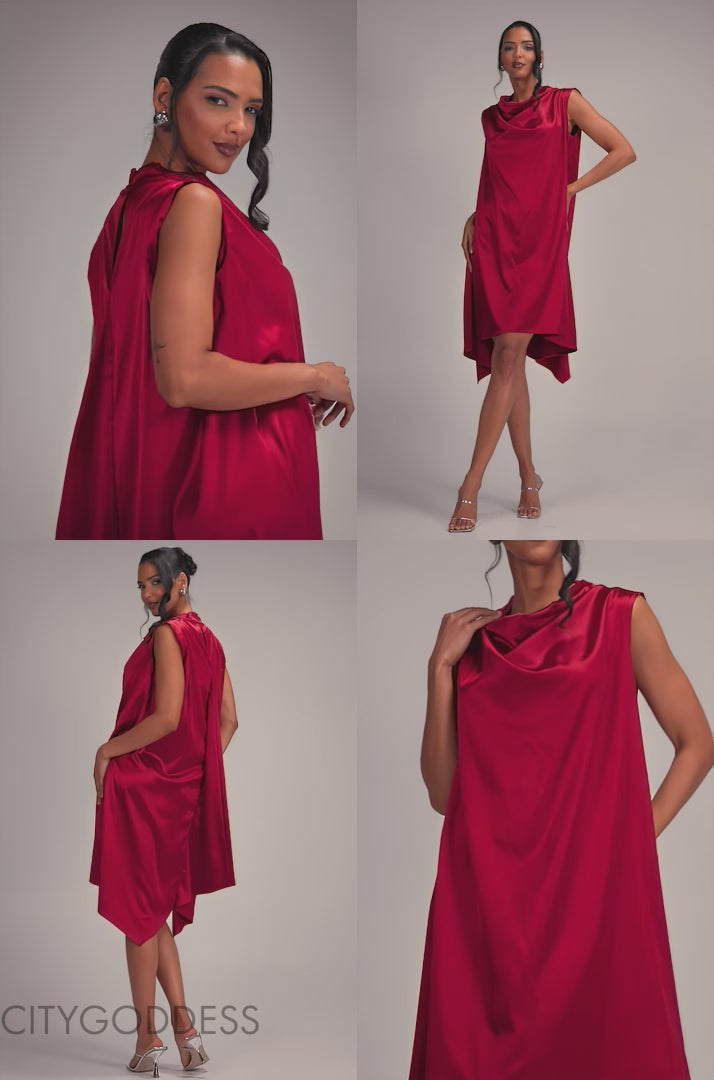 Cowl Neck Back Wing Satin High Low Midi Dress DR4608