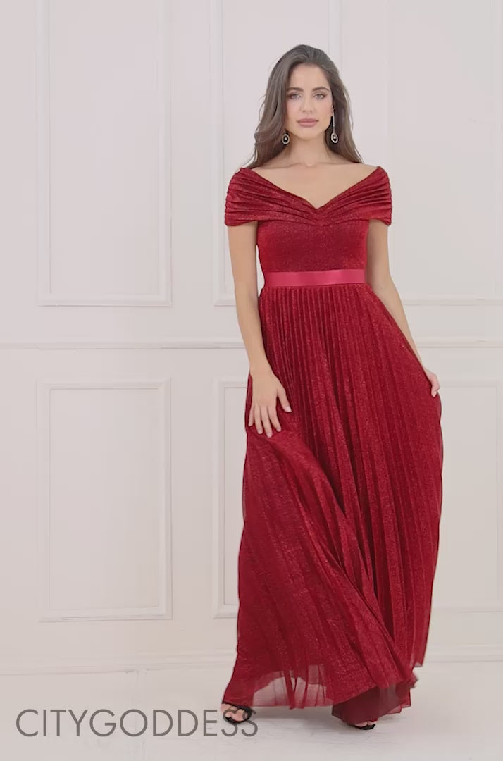 Sunrise Pleated Bardot And Skirt Maxi Dress In Lurex DR3096A