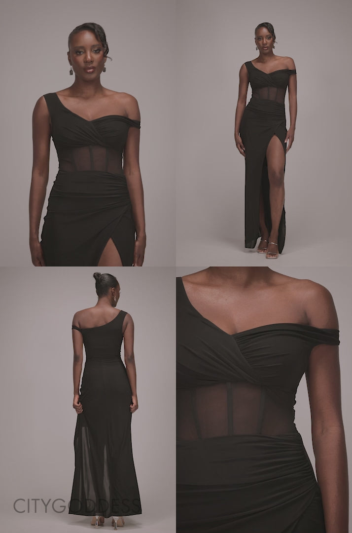 Off The Shoulder Corset Waist Mesh Wrap Skirt Soft Touch Maxi Dress DR4865