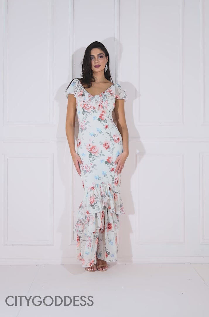 Floral Printed Chiffon Ruffle Maxi Dress DR3750