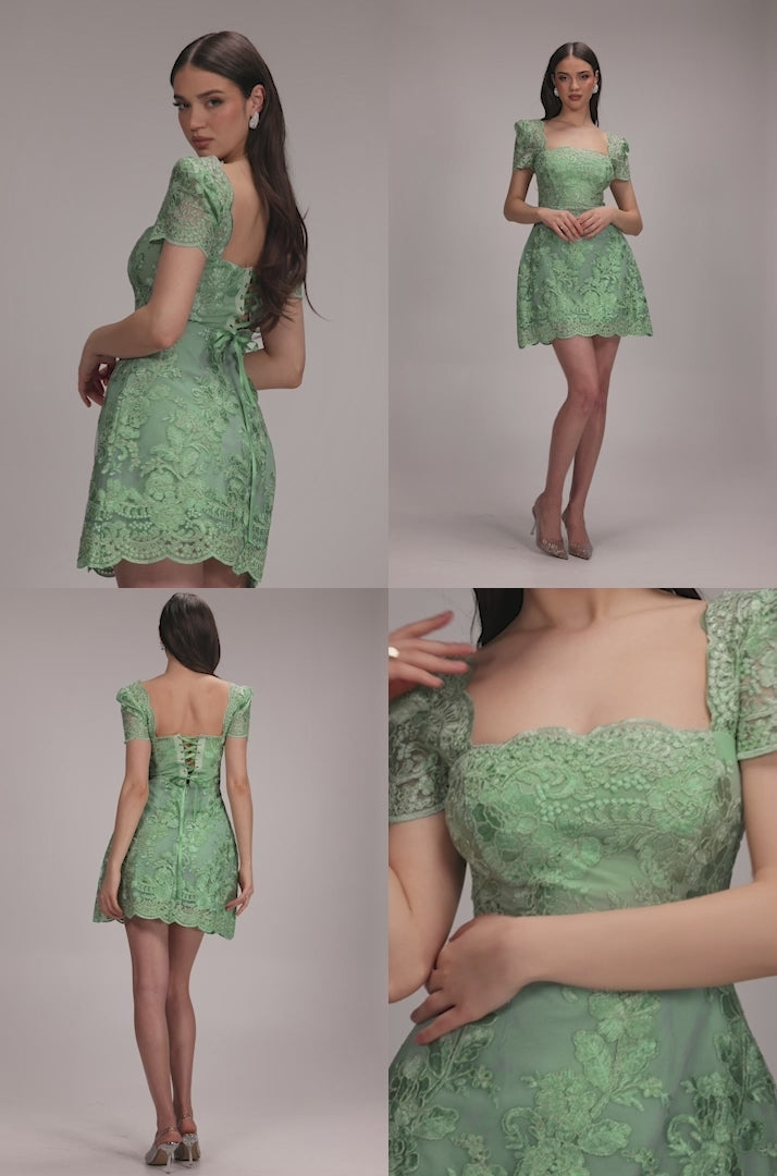 Scallop Edge Corset Back Structured Lace Mini Dress DR4966