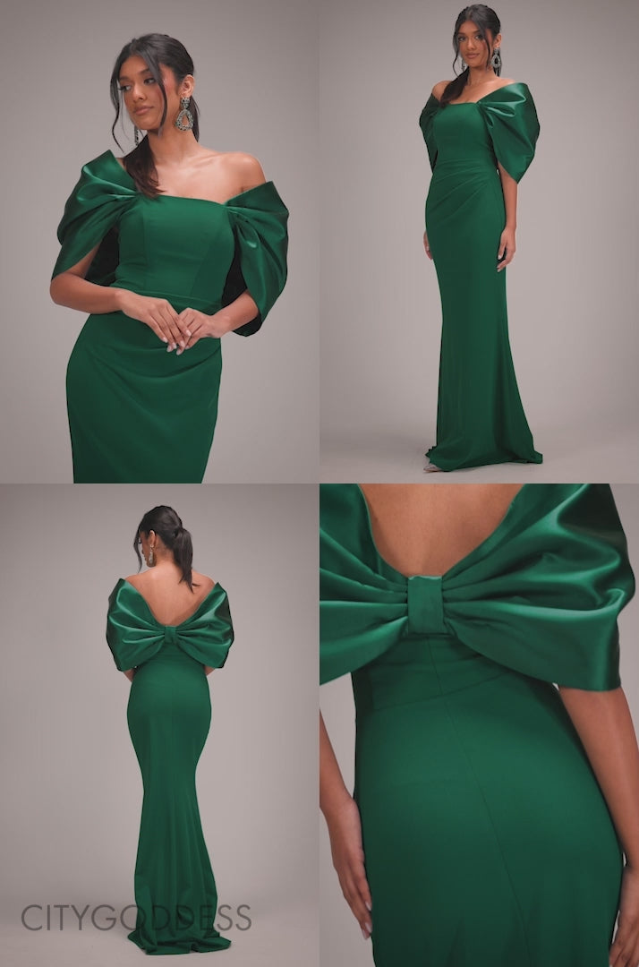 Off Shoulder Back Satin Bow Scuba Maxi Dress DR4708