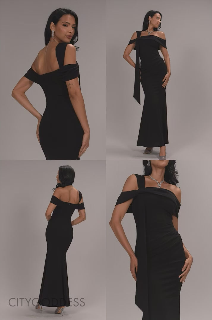 ONE SHOULDER TWISTED BARDOT ASYMMETRIC MERMAID MAXI DRESS DR4910