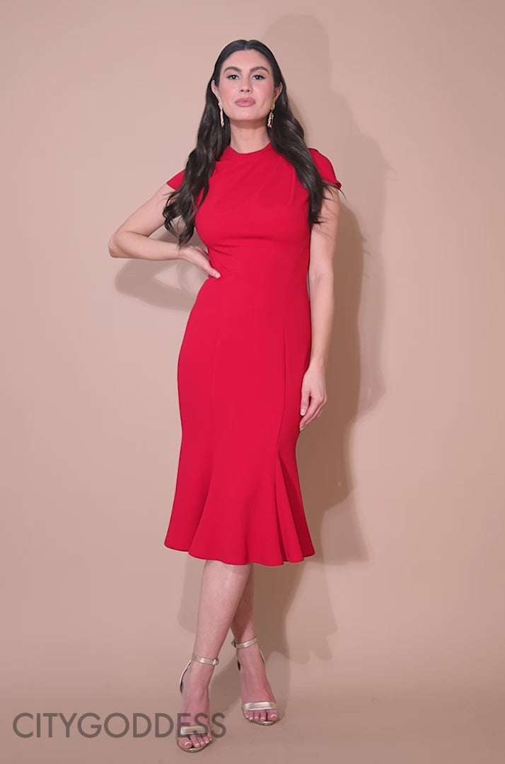 Pleated Shoulder High Neck Midi Dress DR3977
