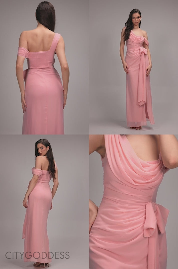 One Shoulder Cowl With Bow Detail Maxi Dress DR4606