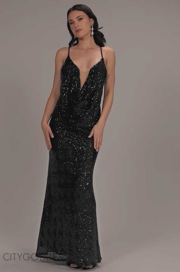 PLUNGE COWL CRISS CROSS BACK SEQUIN MAXI DRESS DR4868
