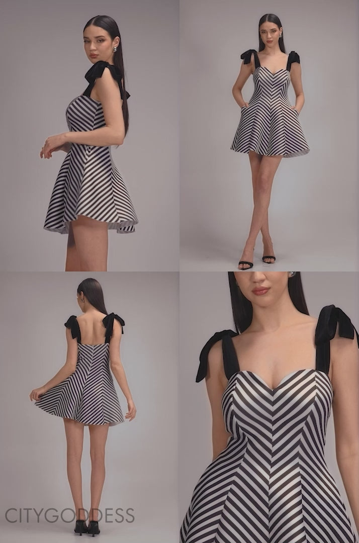 Diagonal Stripe Velvet Bow A Line Mini Dress DR5098