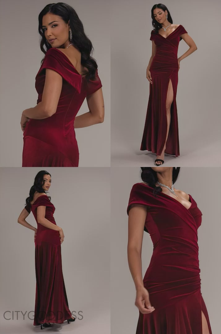 VELVET OFF SHOULDER PLEATED A LINE MAXI DRESS DR5187