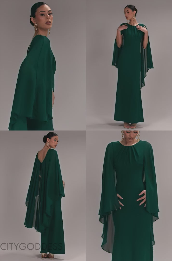 CAPE SLEEVE CHIFFON AND SCUBA CREPE MAXI DRESS BY GODDIVA - DR4900 DR4900