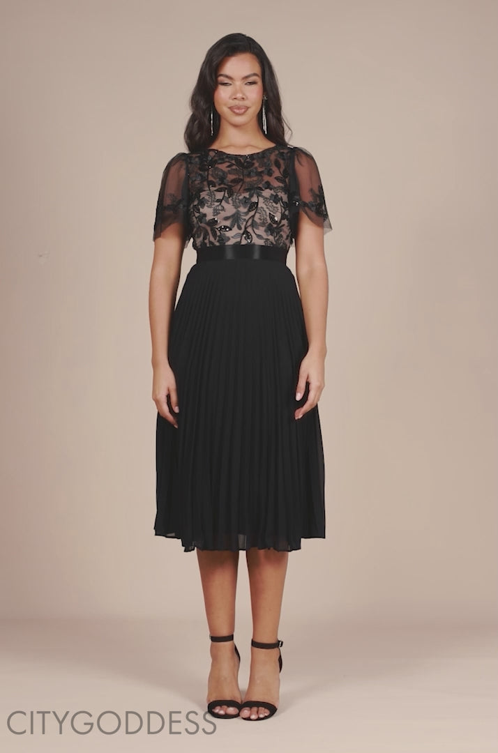 Embroidered Top Chiffon Pleated Midi DR3802