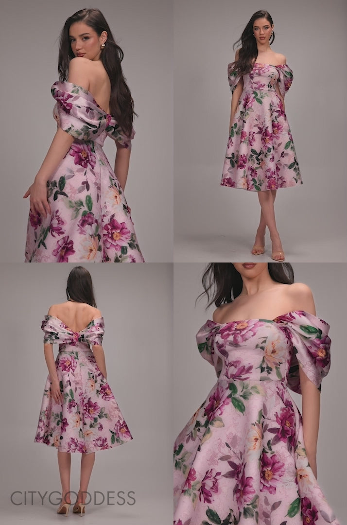 Off Shoulder Floral Bow Back A Line Midi Dress DR5120
