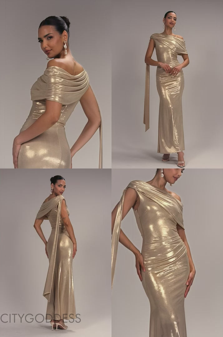 SASH ONE SHOULDER BARDOT FOIL MAXI DRESS DR5304