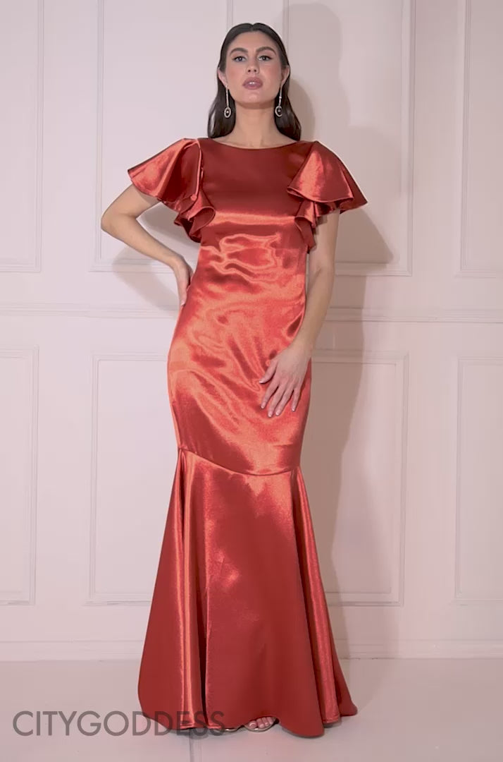 Satin Flutter Sleeve Mermaid Maxi Dress DR3954