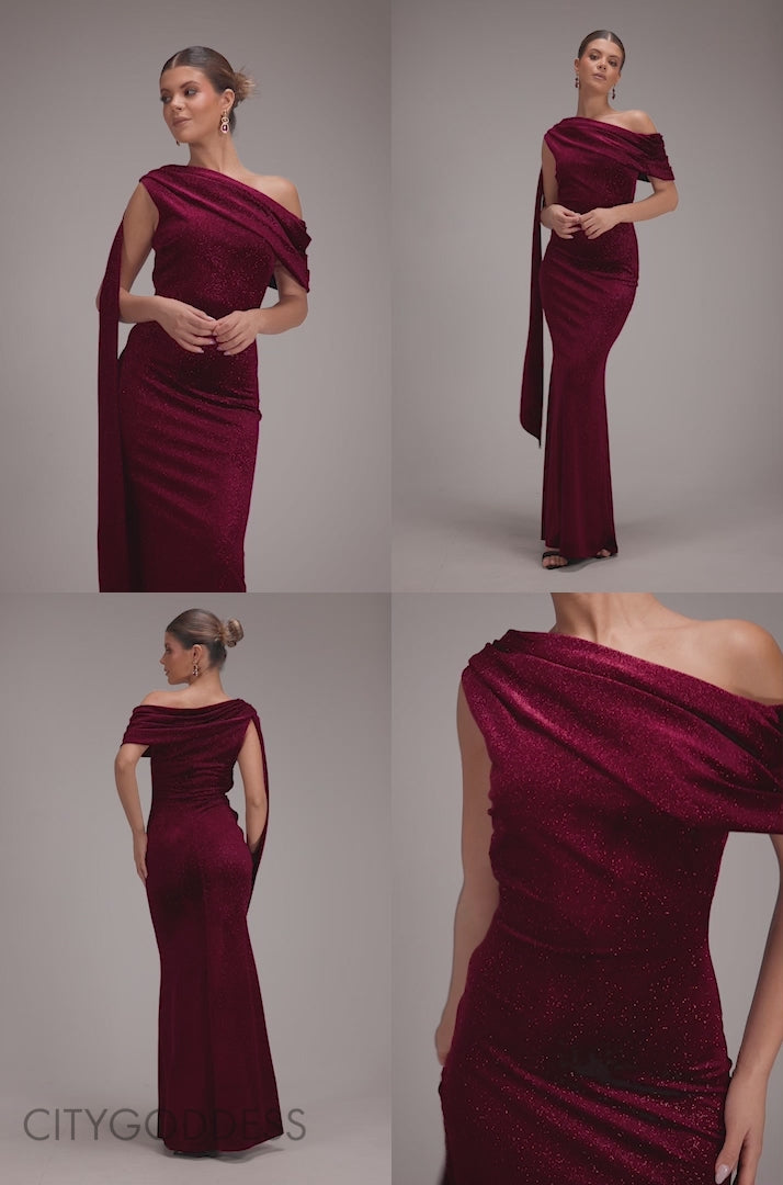 Glitter Velvet Sash One Shoulder Bardot Maxi Dress DR5017