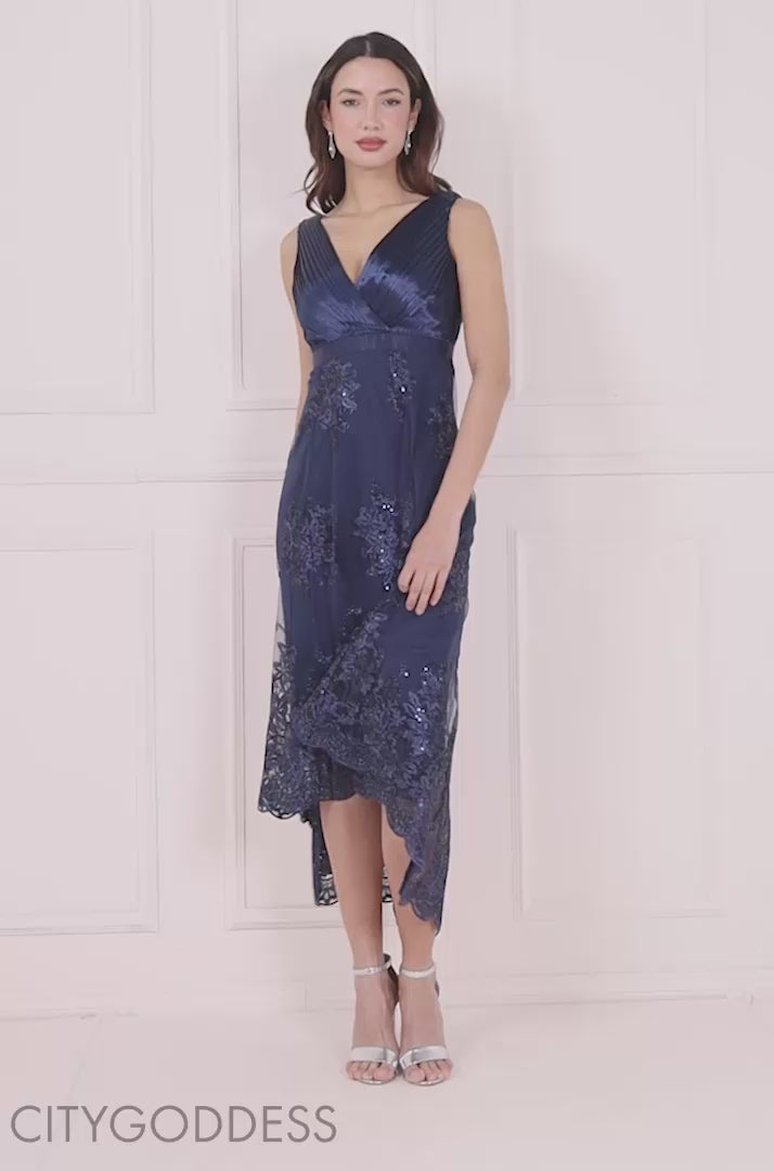 Pleated Satin V Neck High And Low Midi Dress DR3813QZ