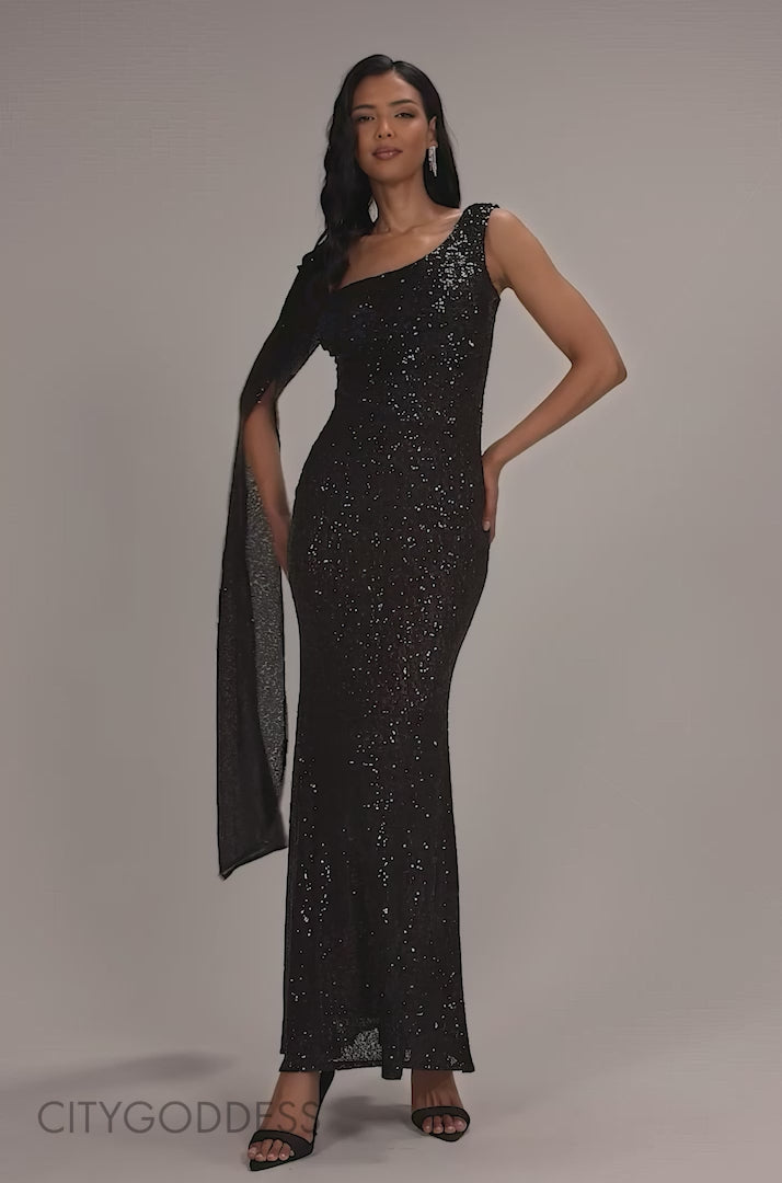 ONE SIDE CAPE SLEEVE SEQUIN MAXI DRESS DR5068