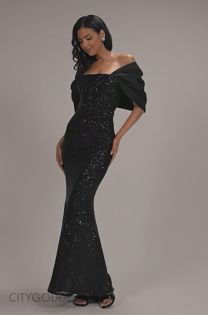 SATIN BOW BACK OFF THE SHOULDER SEQUIN MAXI DRESS DR5160