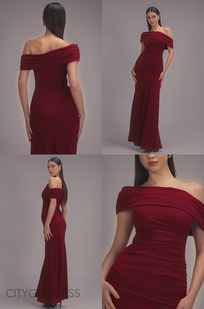 One Shoulder Pleated Bardot Fit And Flare Maxi Dress DR4909