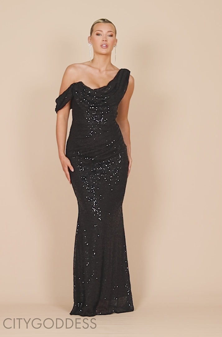 Sequin Cowl One Shoulder Maxi Dress DR4020