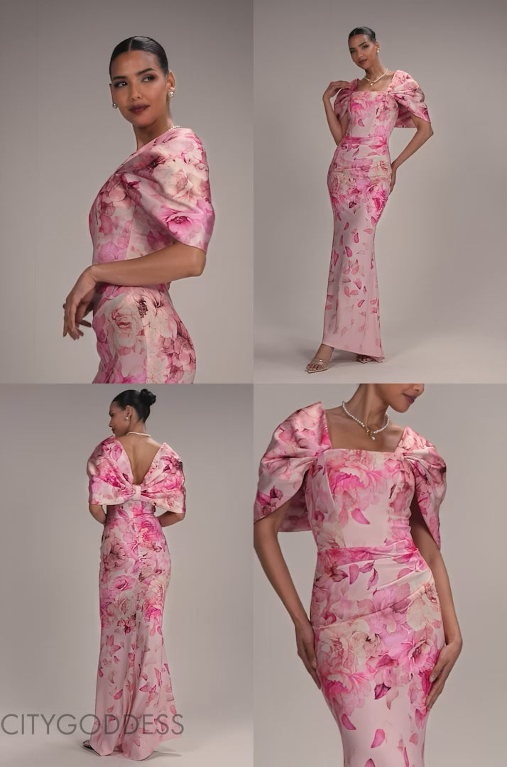 PRINTED OFF SHOULDER SATIN BOW BACK MAXI DRESS BY GODDIVA DR5282