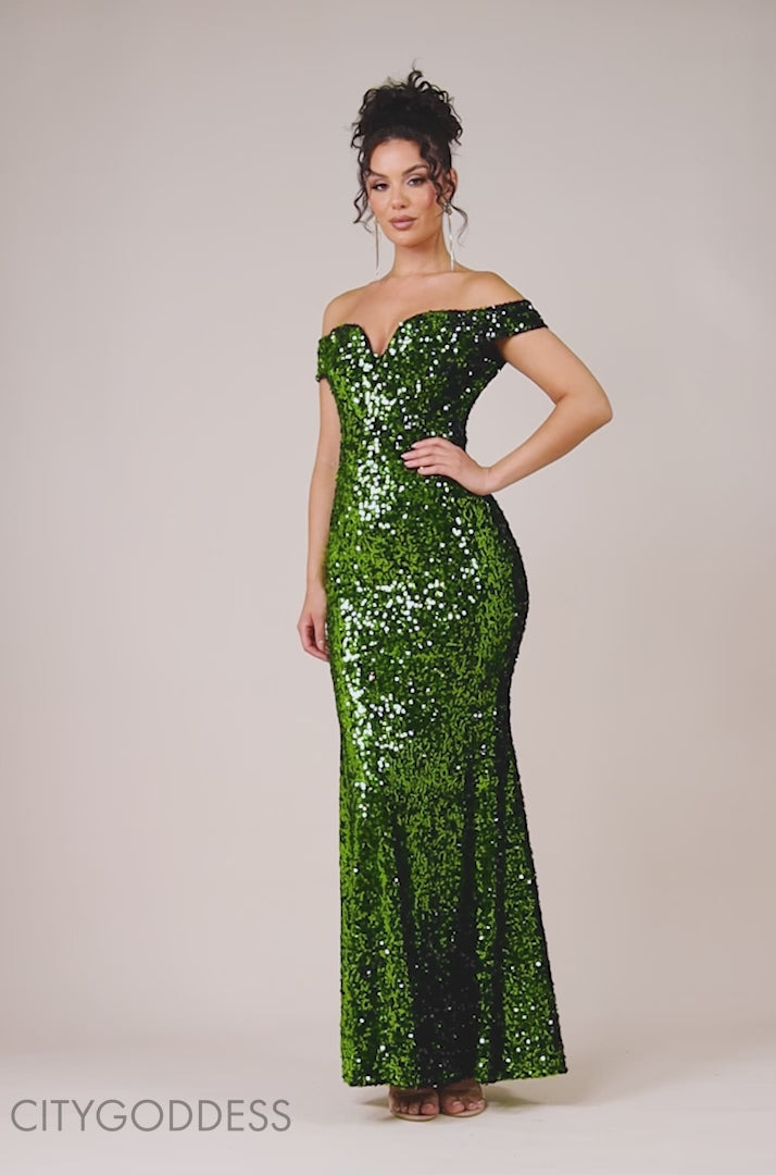 Sequin Velvet Bardot Evening Maxi Dress DR4525