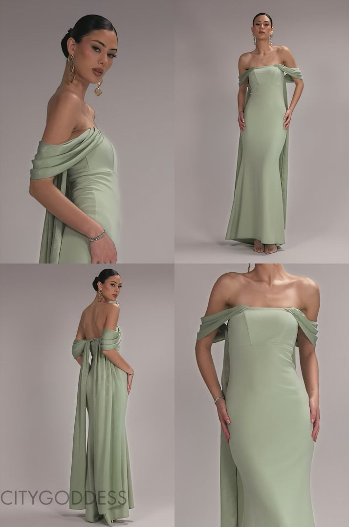 OFF SHOULDER SOFT SATIN WING CAPE MAXI DRESS DR5079