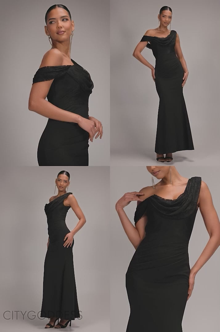 LACE COWL ONE SHOULDER SCUBA CREPE MAXI DRESS BY GODDIVA DR5093