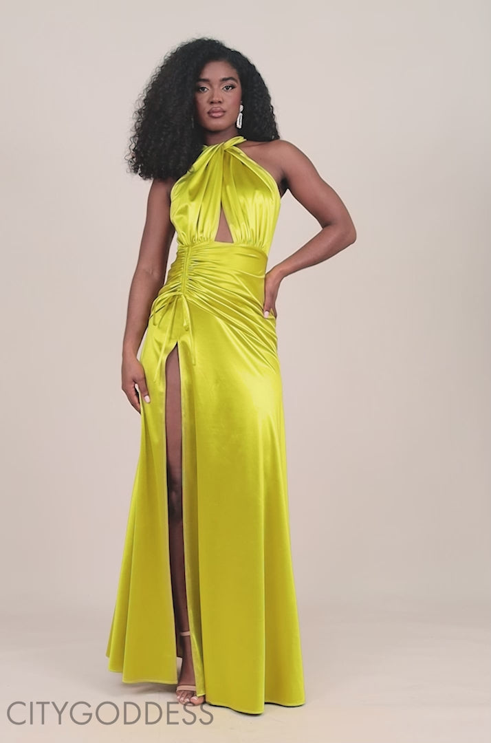 Halter Neck Front Split Satin Maxi Dress DR4398