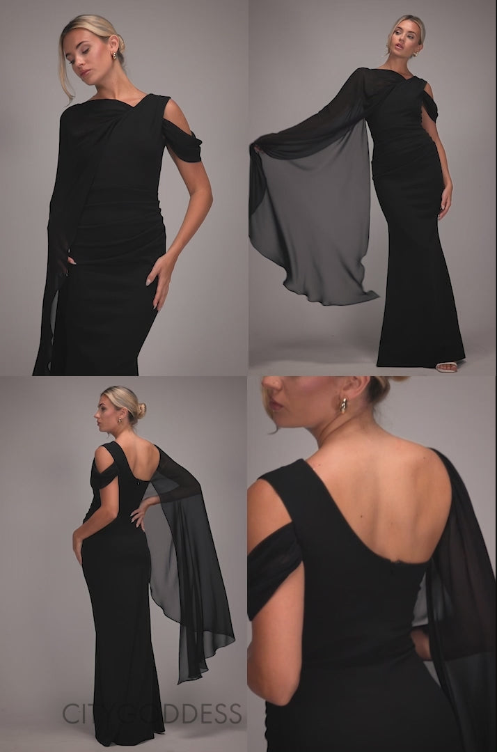 One Shoulder Chiffon Cape Crepe Maxi Dress DR4982