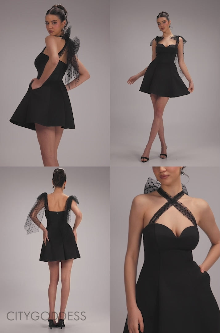 SCUBA & POLKA MESH BELLA BOW MULTIWAY SKATER MINI DRESS DR4887