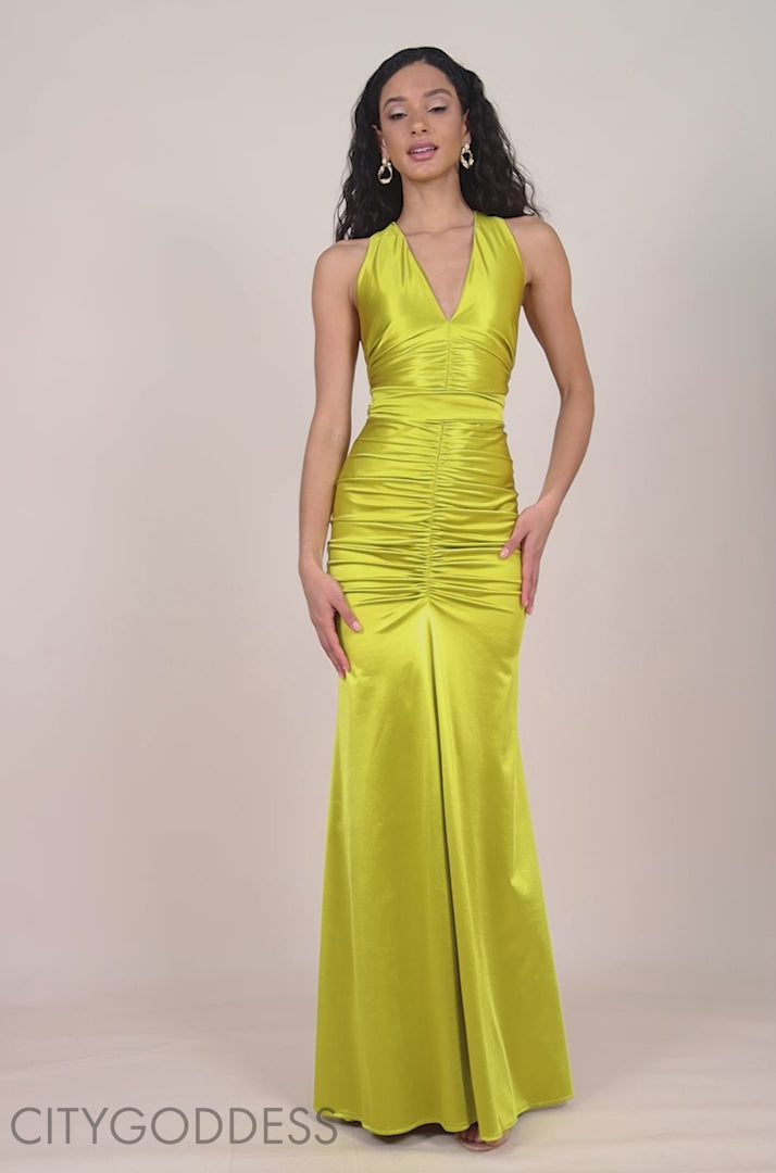 Multi-Tied Satin Gathered Ring Maxi Dress DR4417