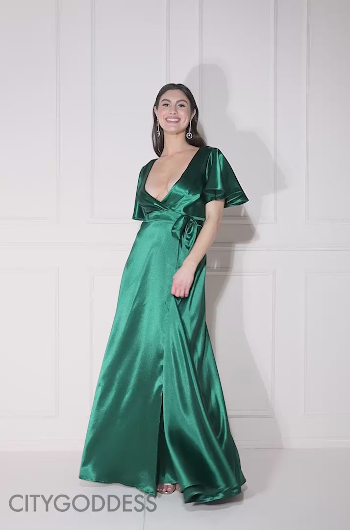Flutter Sleeve Wrapover Satin Maxi Dress DR3955