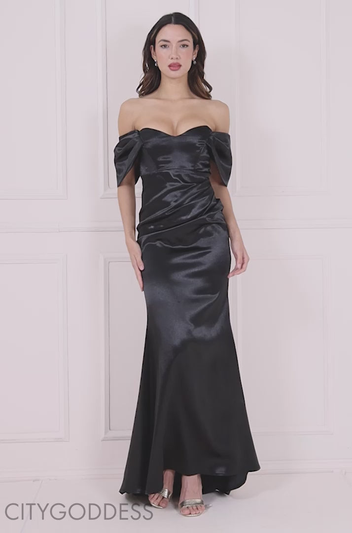 Off Shoulder Satin Maxi Dress With V Neck Dress DR3923