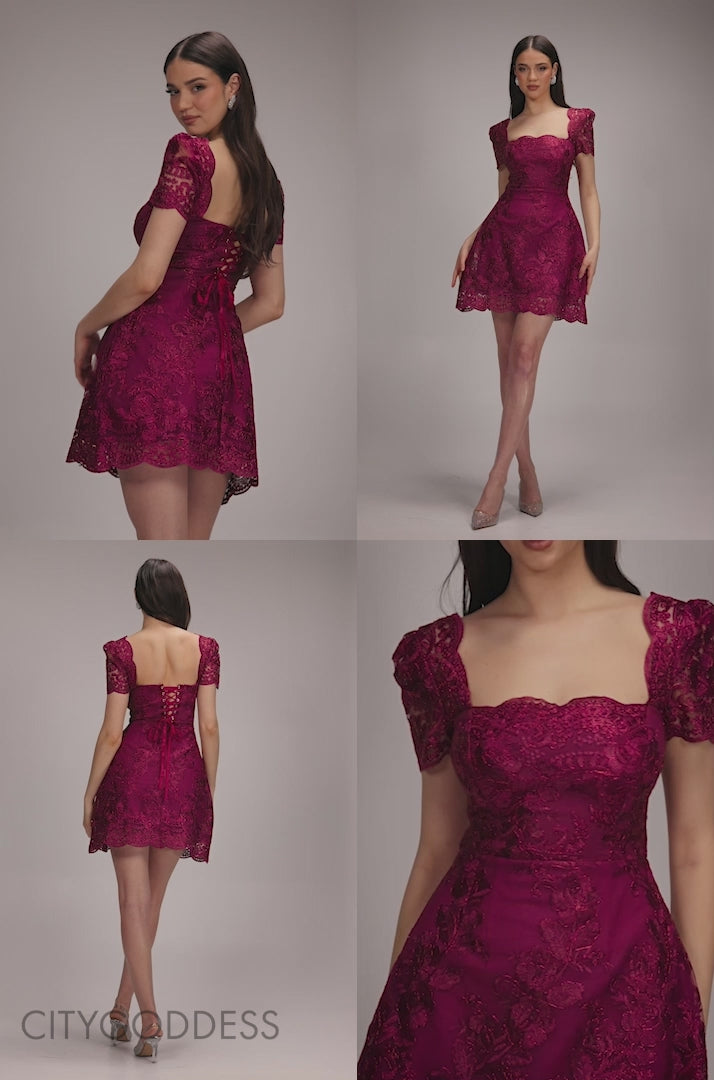 Scallop Edge Corset Back Structured Lace Mini Dress DR4966