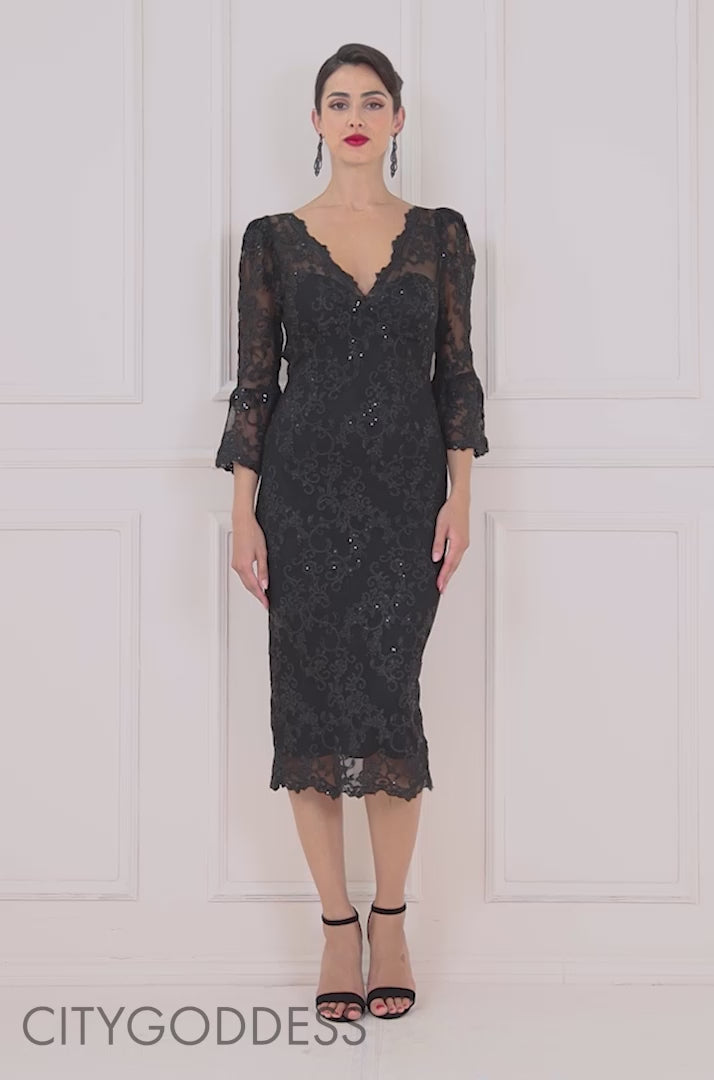 Scallop And Sequin Embroidered Chorded Lace Midi Dress DR3960