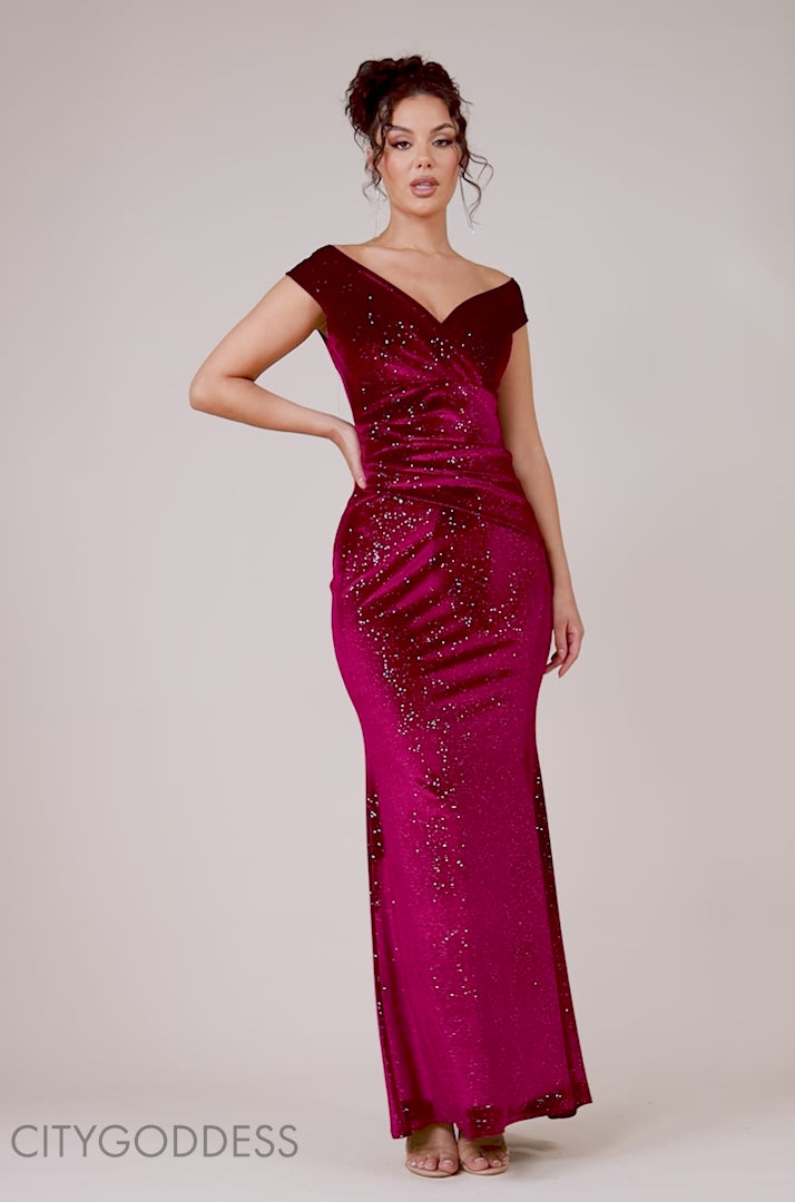 Shimmer Velvet Bardot Maxi Dress DR4643
